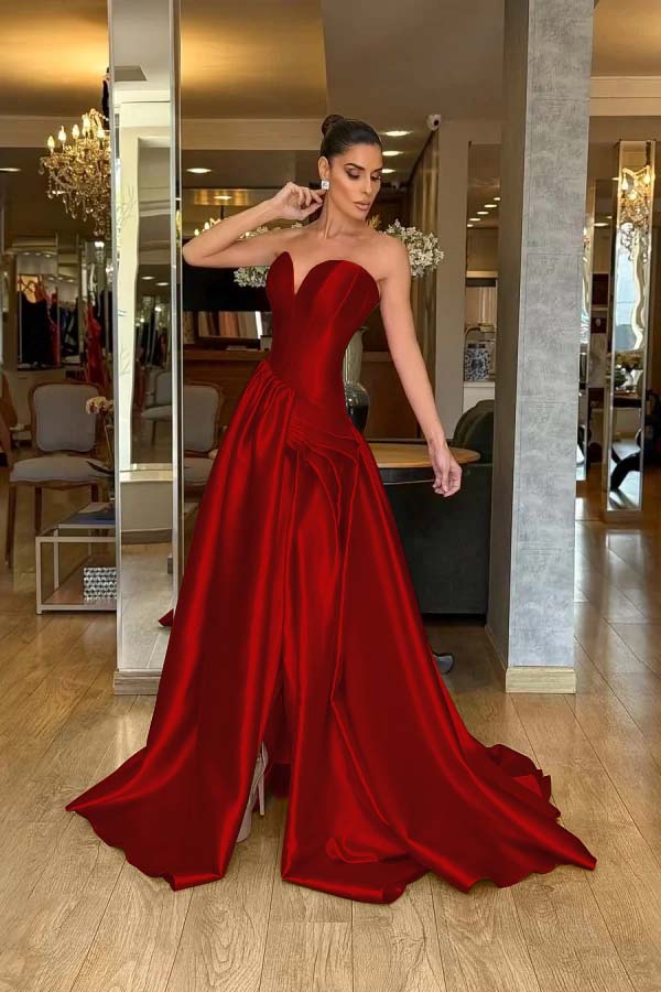 Stunning Strapless Sleeveless Long Split Prom Dress With Pleated