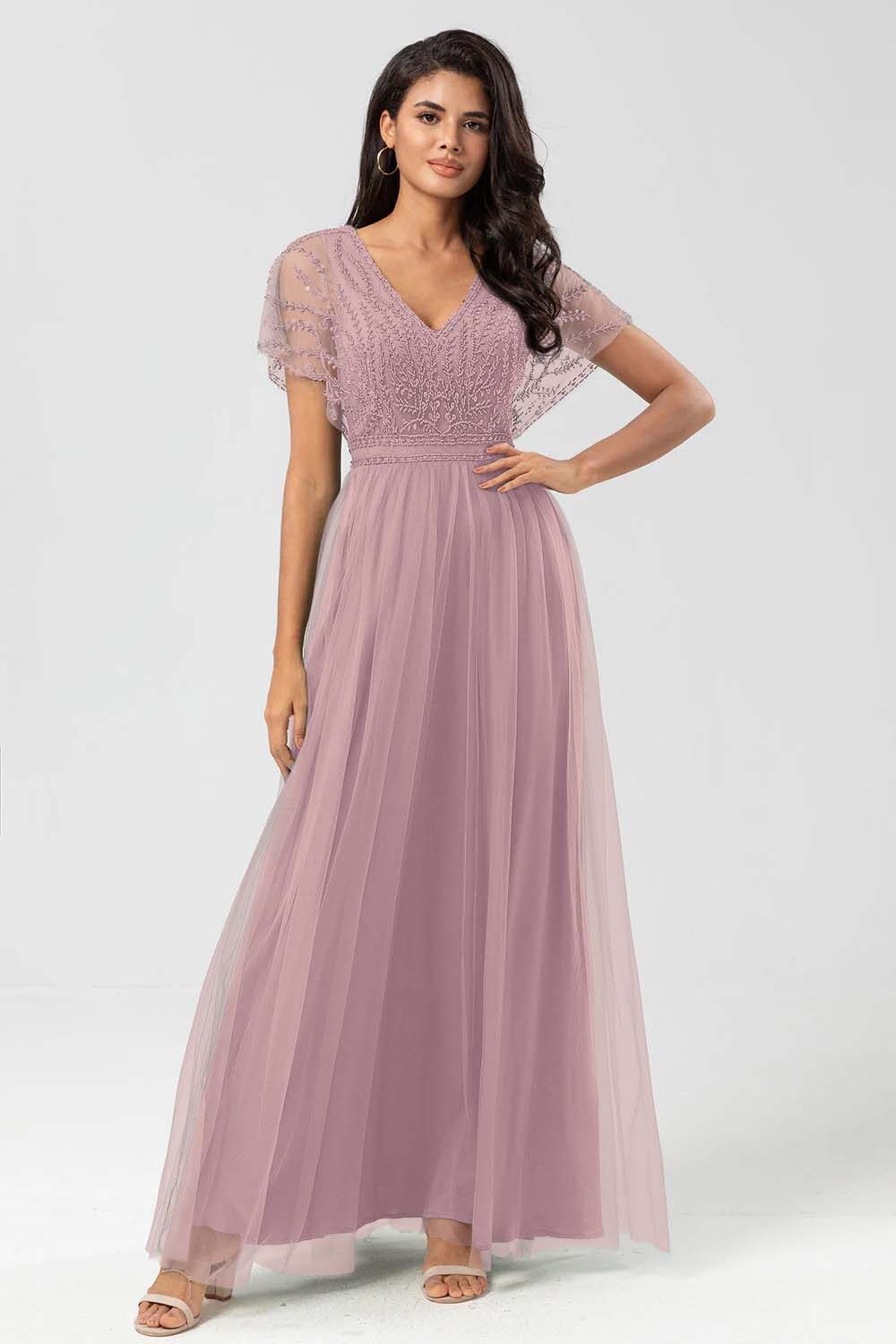 Tulle Short Sleeves V Neck A Line Long Prom Dress With Appliques