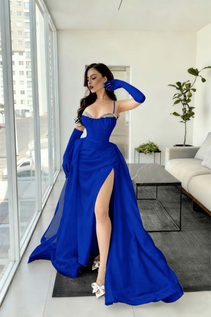 Spaghetti Strap Sleeveless Long Mermaid Prom Dress With Split Gloves