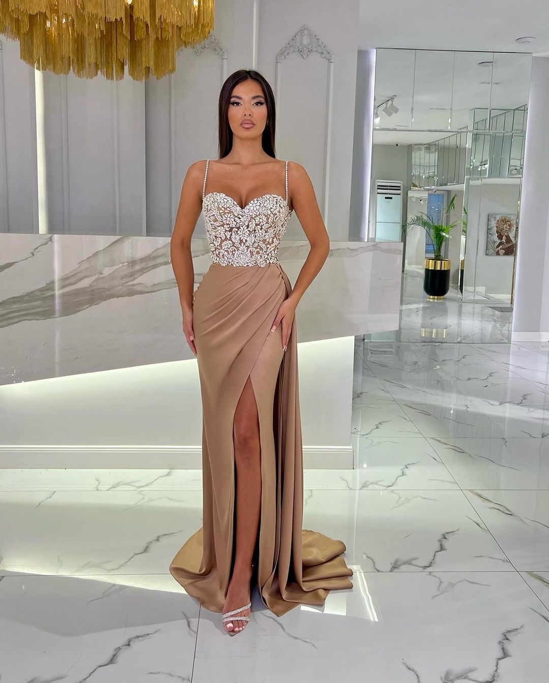 Prom Dress Baby Blue With High Slit Spaghetti Strap Sweetheart Appliques