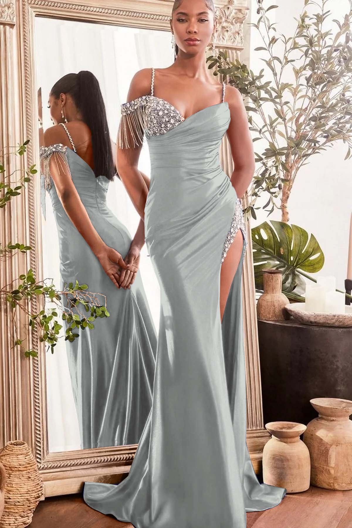 Spaghetti Strap Sleeveless Split Long Mermaid Prom Dress With Beading