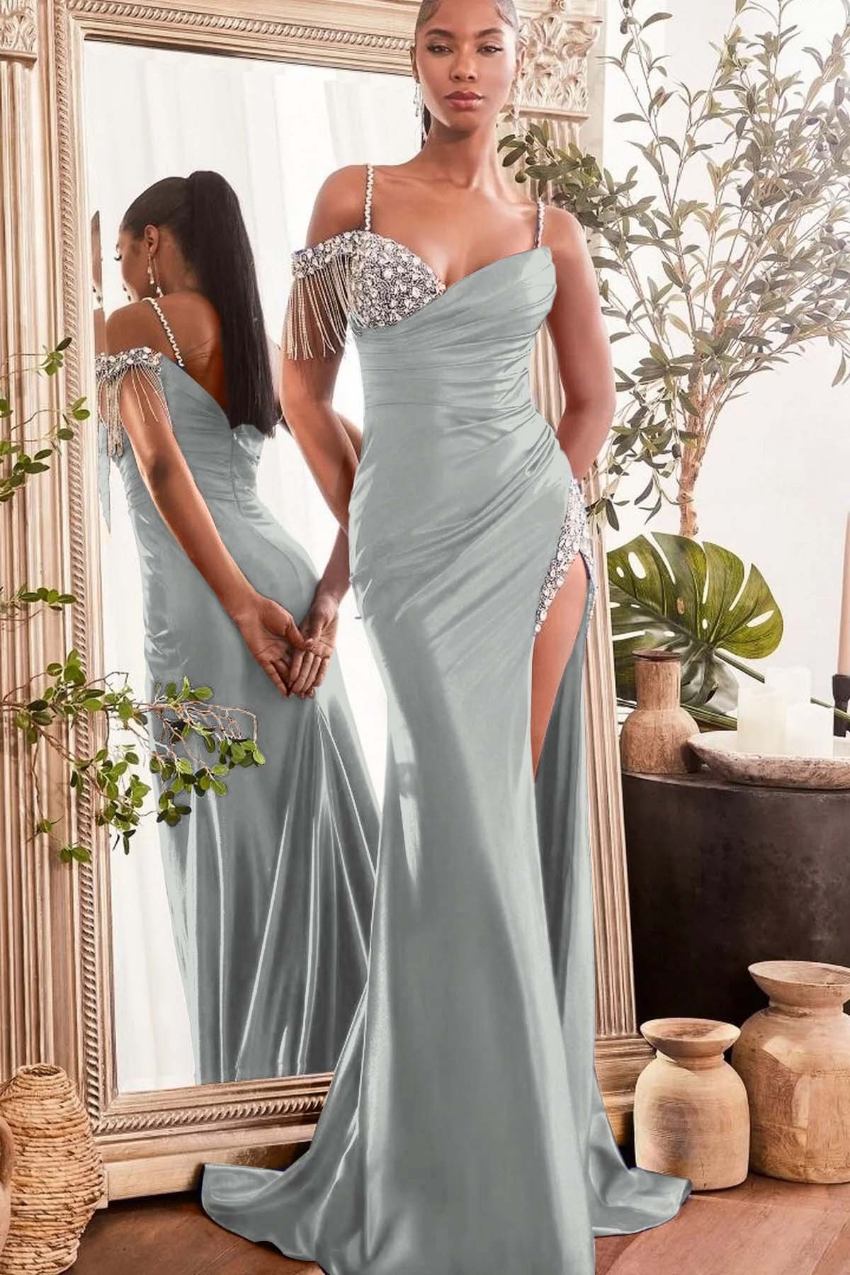 Spaghetti Strap Sleeveless Split Long Mermaid Prom Dress With Beading