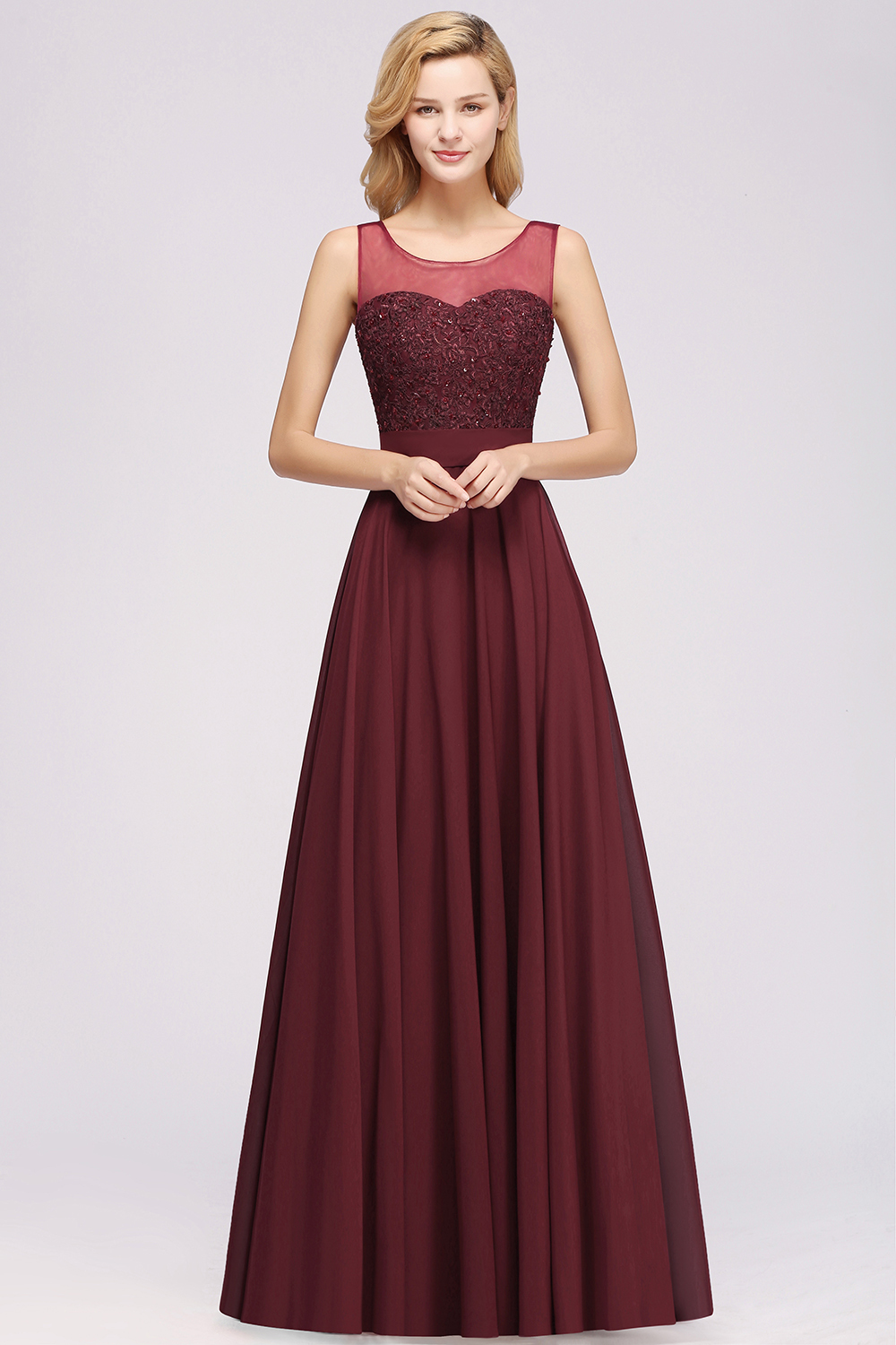 BMbridal Gorgeous Lace Jewel Affordable Pink Bridesmaid Dress with Beadings-BMbridal