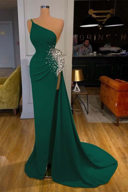 One Shoulder Sleeveless Mermaid Long Prom Dress Green Beadings With Split