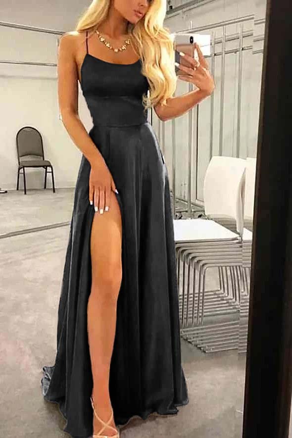 Spaghetti Strap Sleeveless Long Prom Dress With High Split Ruffles