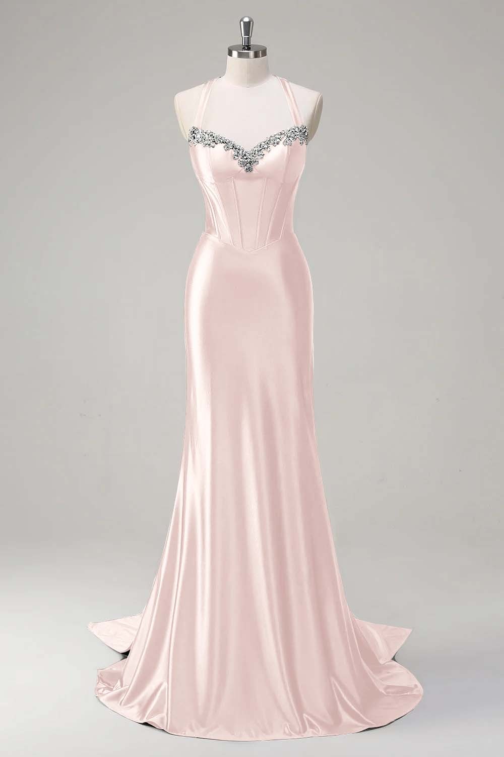 Halter Sleeveless Long Mermaid Prom Dress With Beading Pleated