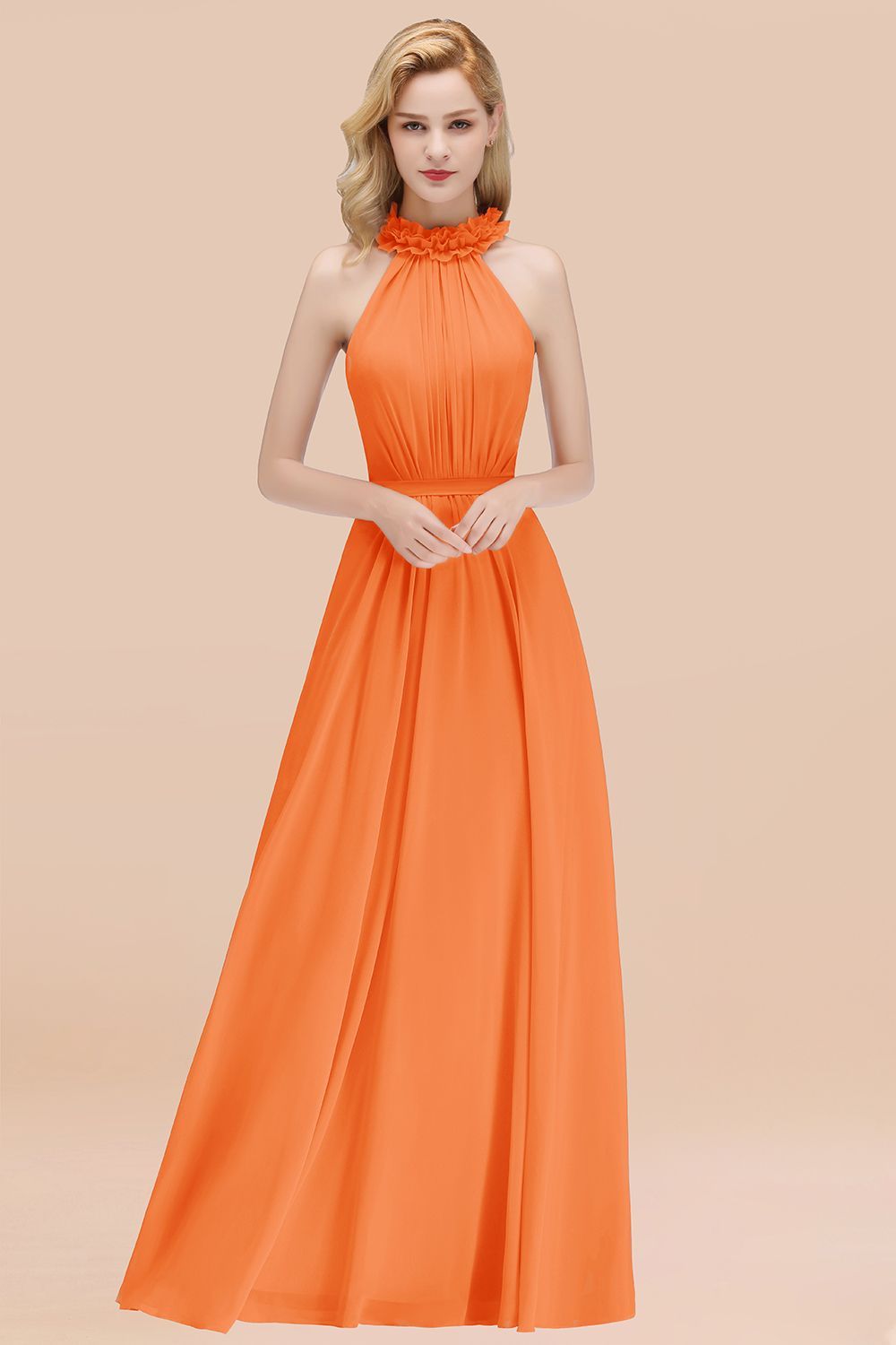 BMbridal Modest High-Neck Halter Ruffle Chiffon Bridesmaid Dresses Affordable-BMbridal