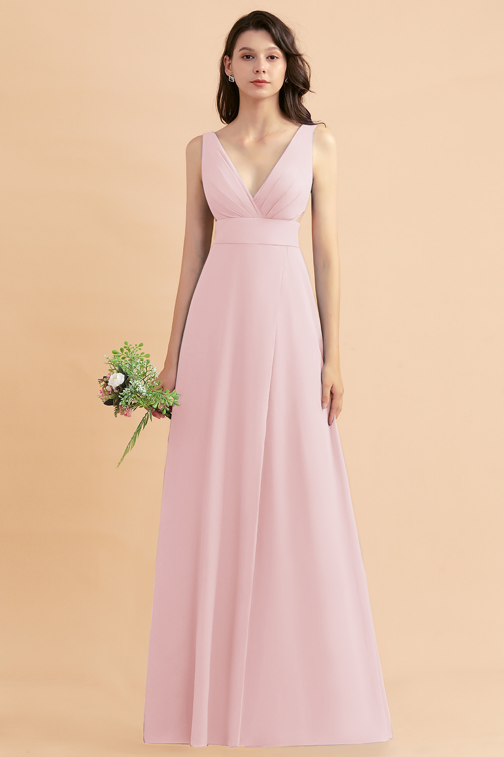 BMbridal A-Line Dusty Blue Chiffon Ruffles Bridesmaid Dress with Slit-BMbridal