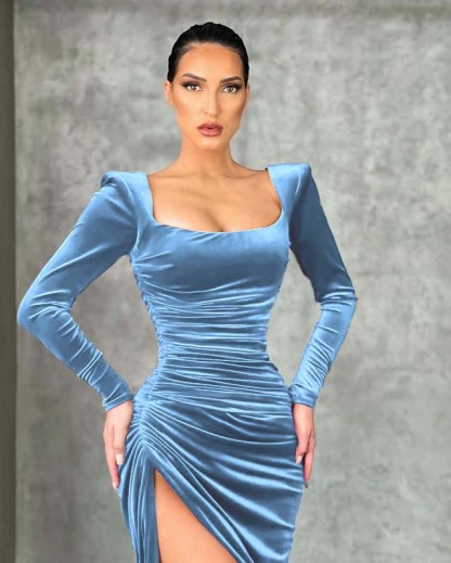 Mermaid Burgundy Long Sleeves Square Neck Prom Dress With High Split