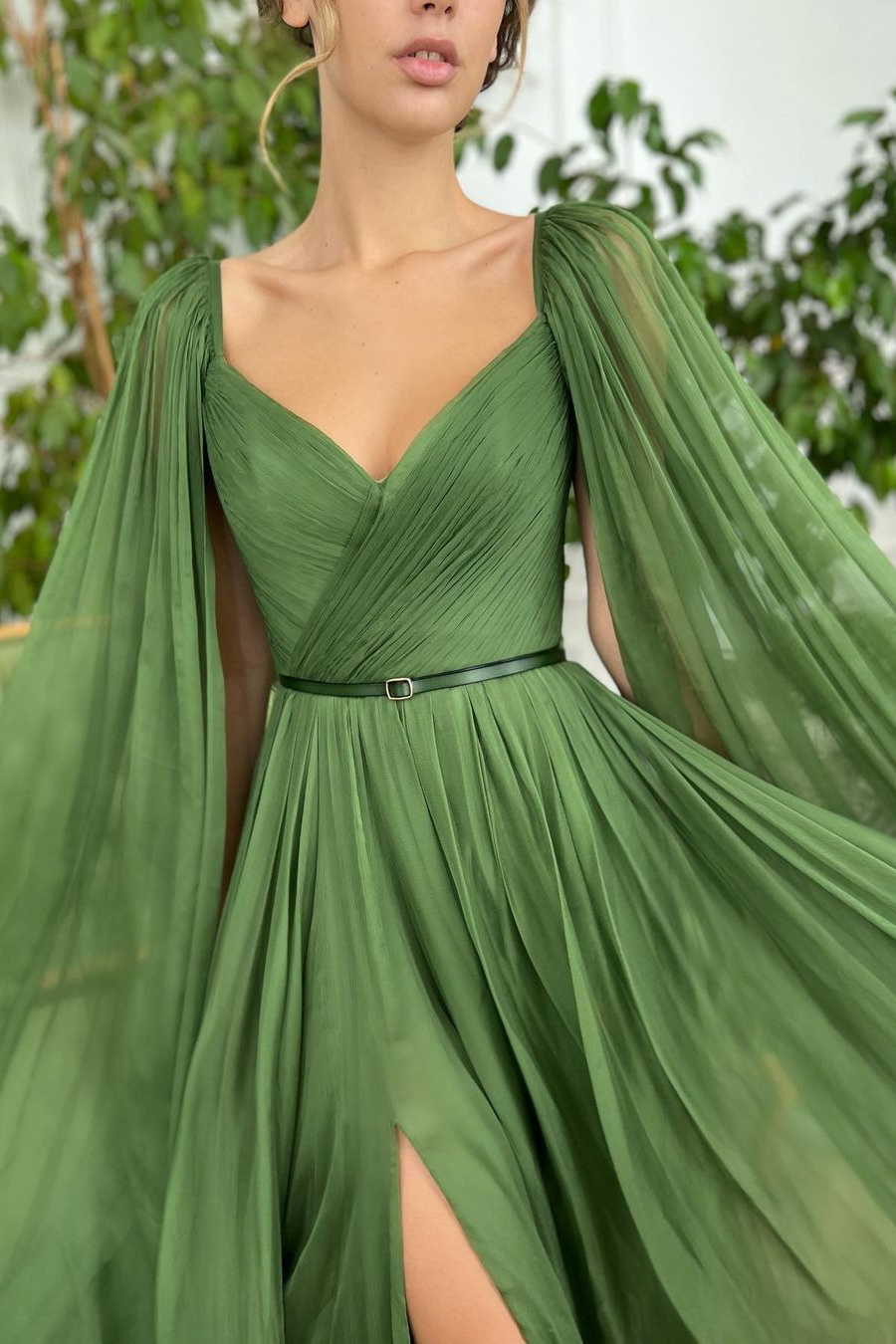 Elegant Green Long Sleeves Formal Belt Prom Dress Tulle With Split