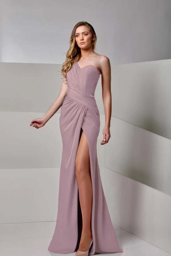 One Shoulder Sleeveless Long Mermaid Split Prom Dress With Pleated