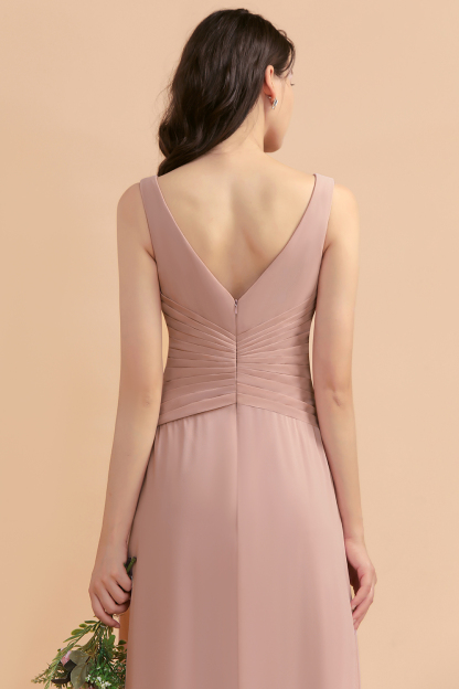 BMbridal V-Neck Dusty Rose Chiffon Bridesmaid Dress with Ruffles-BMbridal
