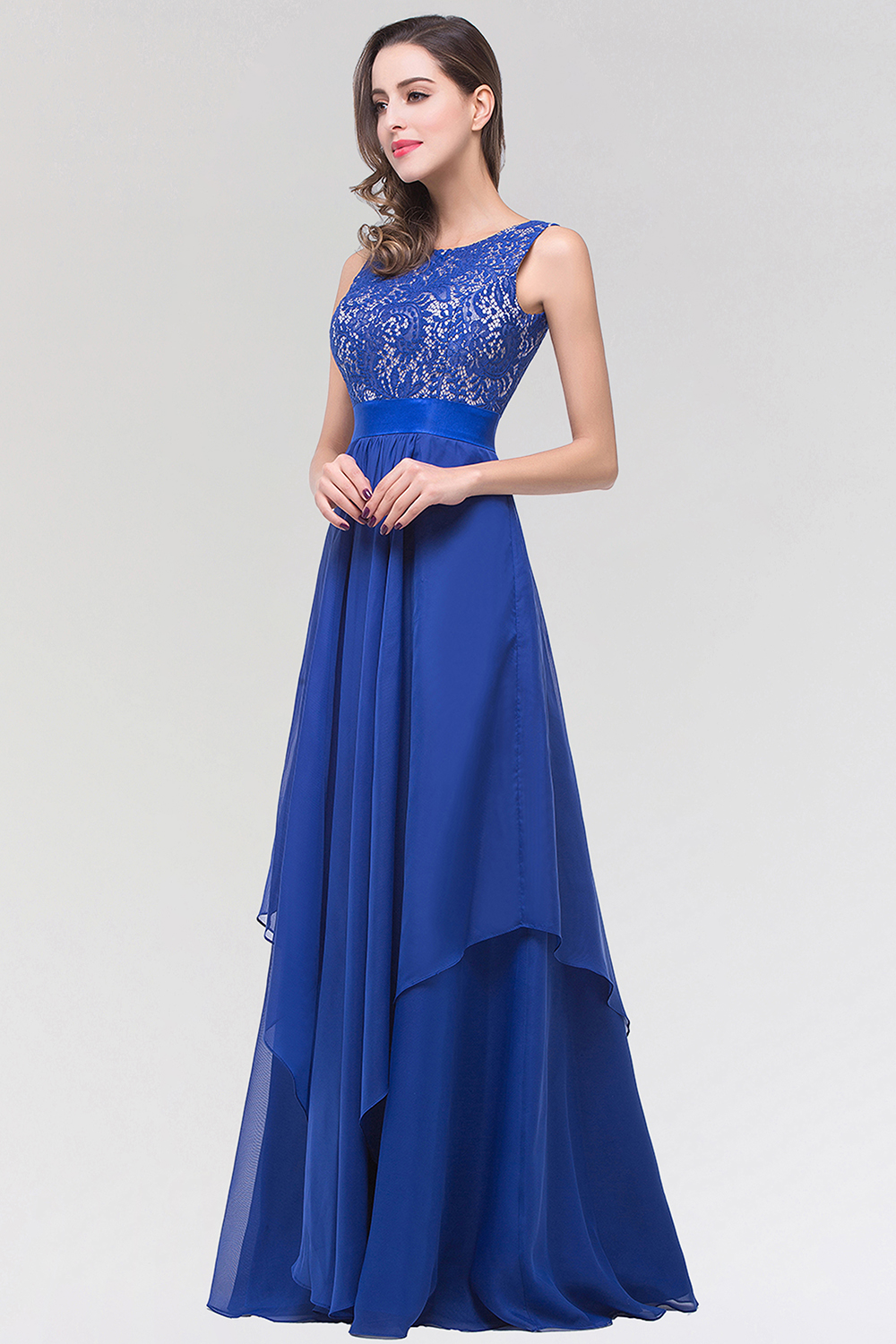 BMbridal Elegant Lace Jewel Long Chiffon Bridesmaid Dress with Asymmetric Hemline-BMbridal