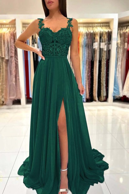 Straps Sleeveless Long A Line Split Prom Dress With Appliques