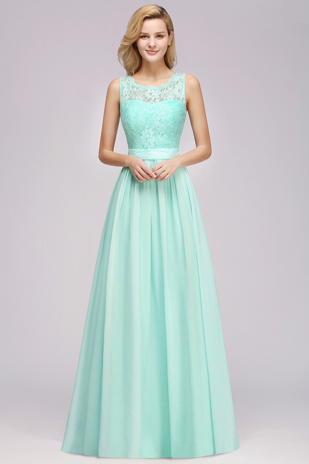 BMbridal Elegant Chiffon Lace Scalloped Sleeveless Ruffle Bridesmaid Dresses-BMbridal