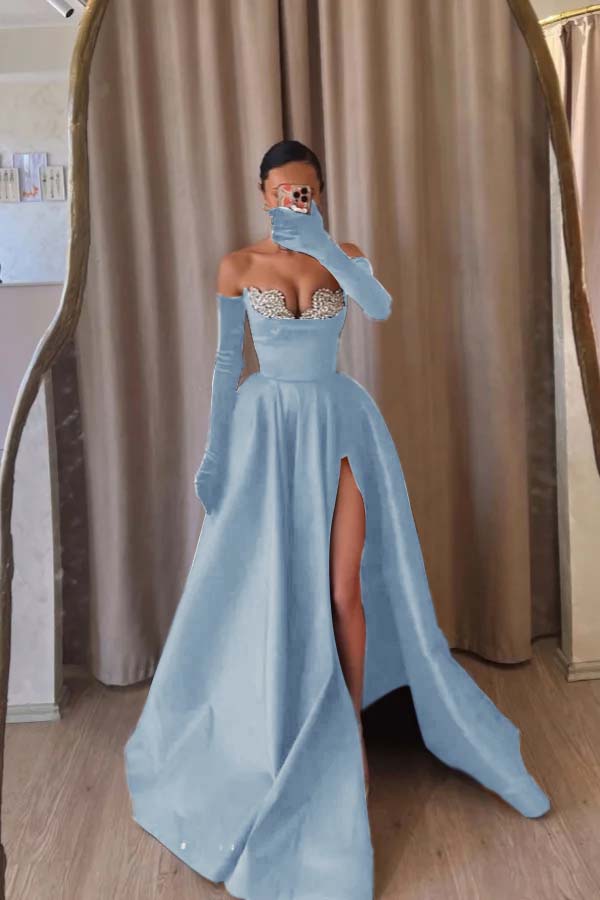 Strapless Sleeveless Long Split Prom Dress With Beading Long Gloves