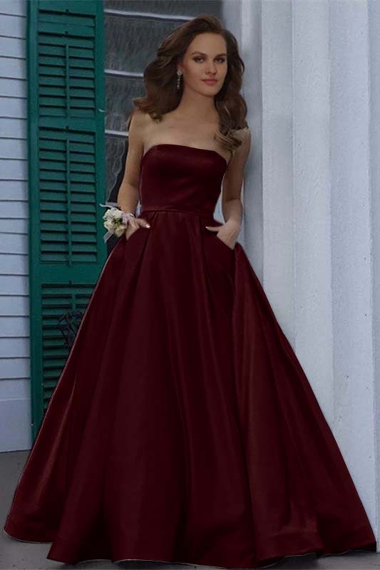 Stunning Strapless Sleeveless Burgundy A Line Long Prom Dress With Pockets