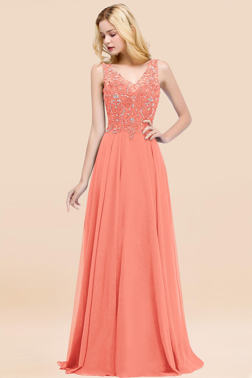 BMbridal Affordable Lace V-Neck Navy Bridesmaid Dresses With Appliques-BMbridal