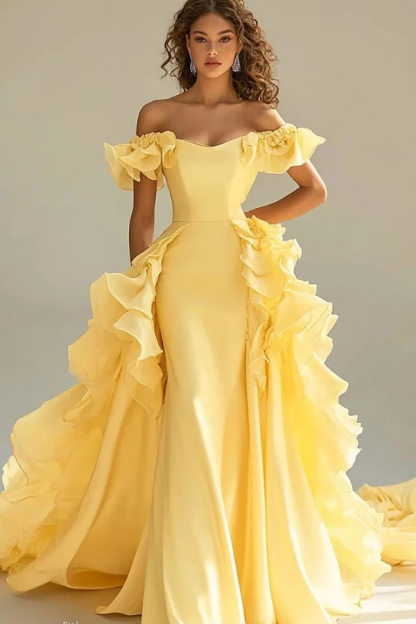 Off the Shoulder Sleeveless Long Mermaid Prom Dress With Ruffles