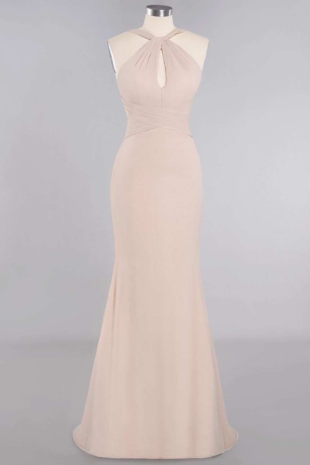 BMbridal Chic Mermaid Keyhole Pink Chiffon Long Bridesmaid Dress Affordable with Ruffle-BMbridal