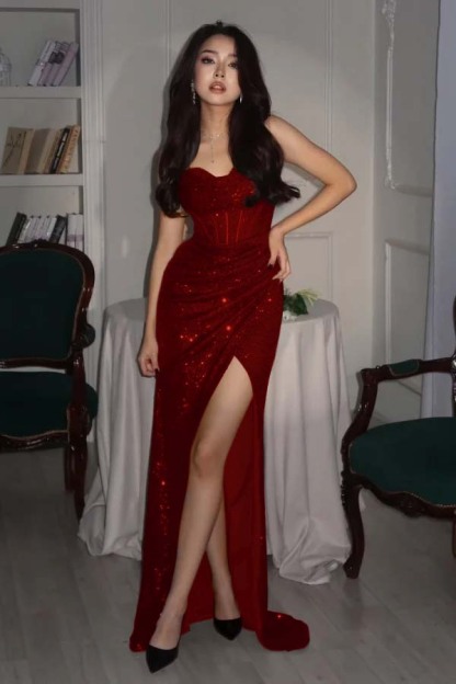 Sequin Strapless Sleeveless Long High Split Prom Dress With Pleated