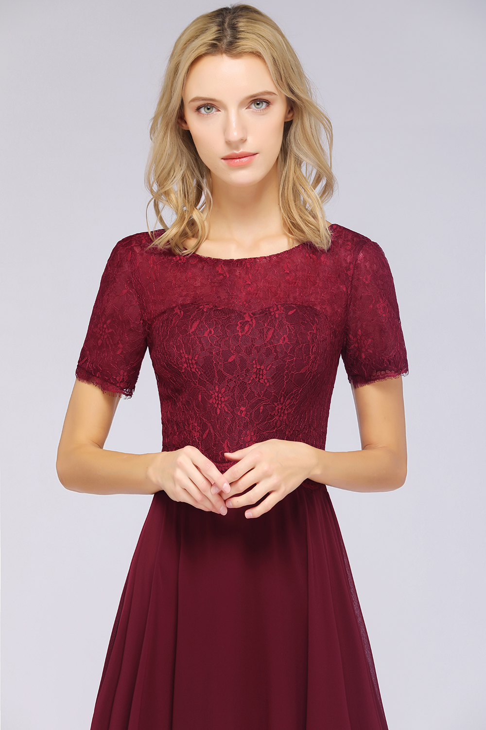 BMbridal Chic Lace Long Burgundy Backless Bridesmaid Dress With Short-Sleeves-BMbridal
