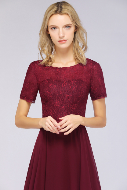 BMbridal Chic Lace Long Burgundy Backless Bridesmaid Dress With Short-Sleeves-BMbridal