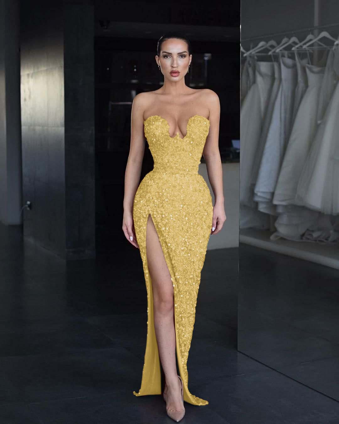 Strapless Sleeveless Long Mermaid Split Prom Dress With Sequins