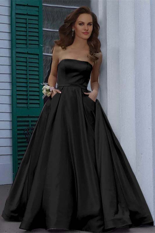 Stunning Strapless Sleeveless Burgundy A Line Long Prom Dress With Pockets