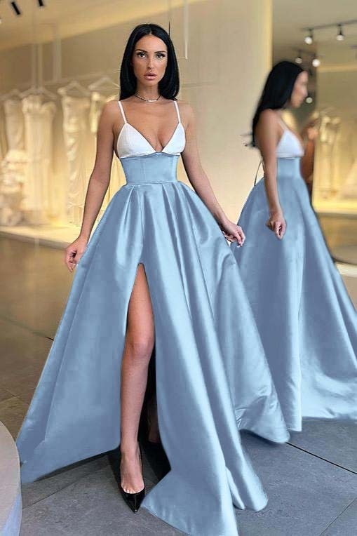 Black and White Spaghetti Strap V Neck Long Prom Dress With Front Split