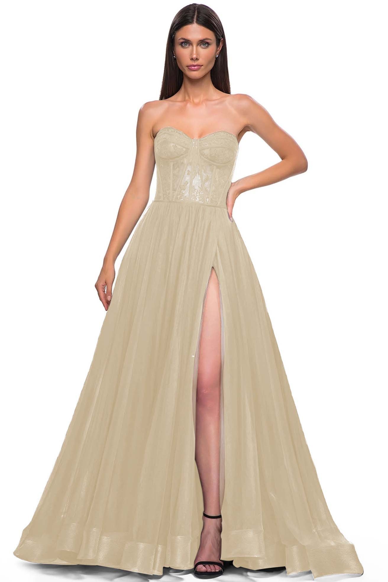 Strapless Sleeveless Long High Split Prom Dress With Appliques