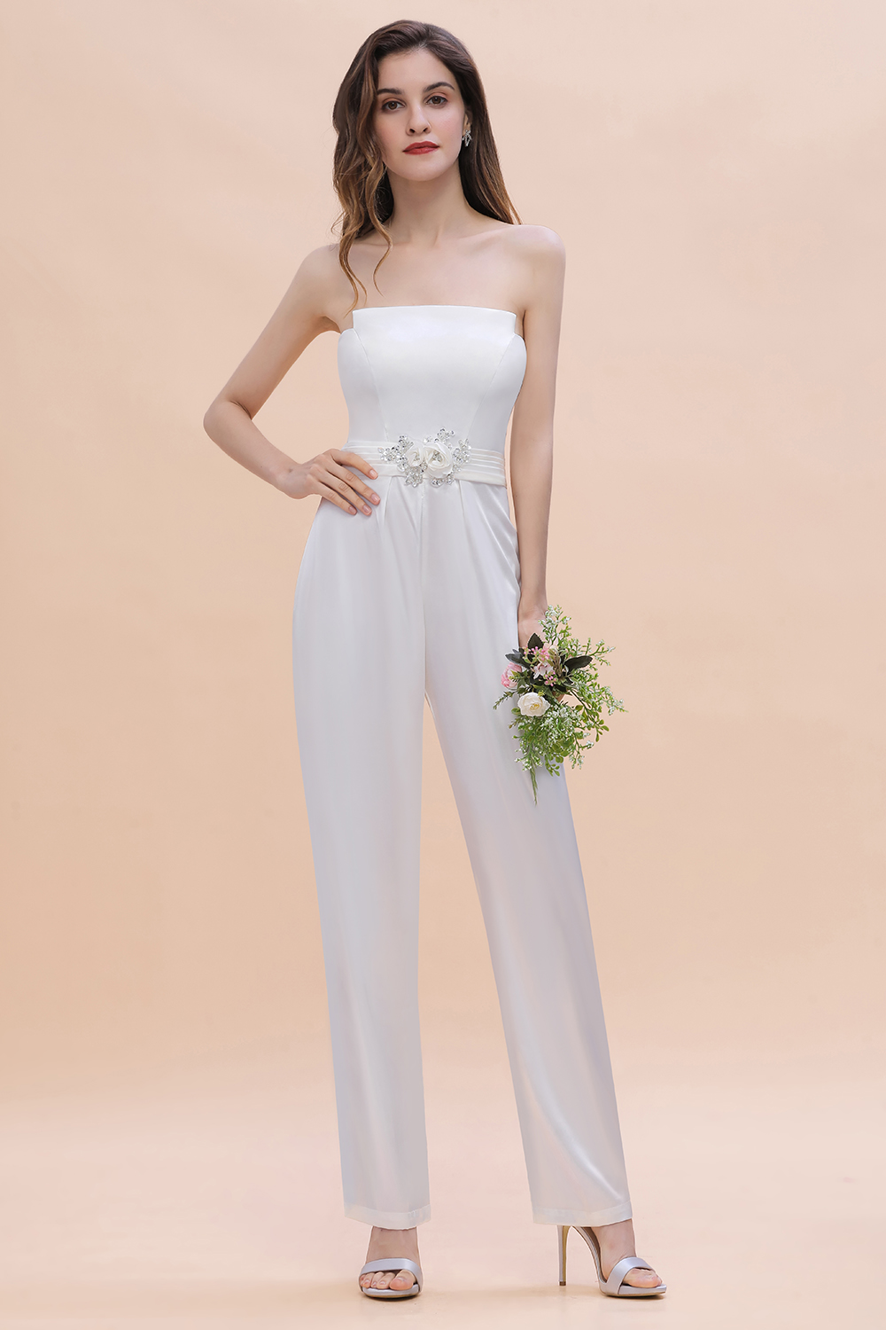 BMbridal Fashion Strapless Satin Sleeveless Bridesmaid Jumpsuit with Beading Flowers On Sale-BMbridal