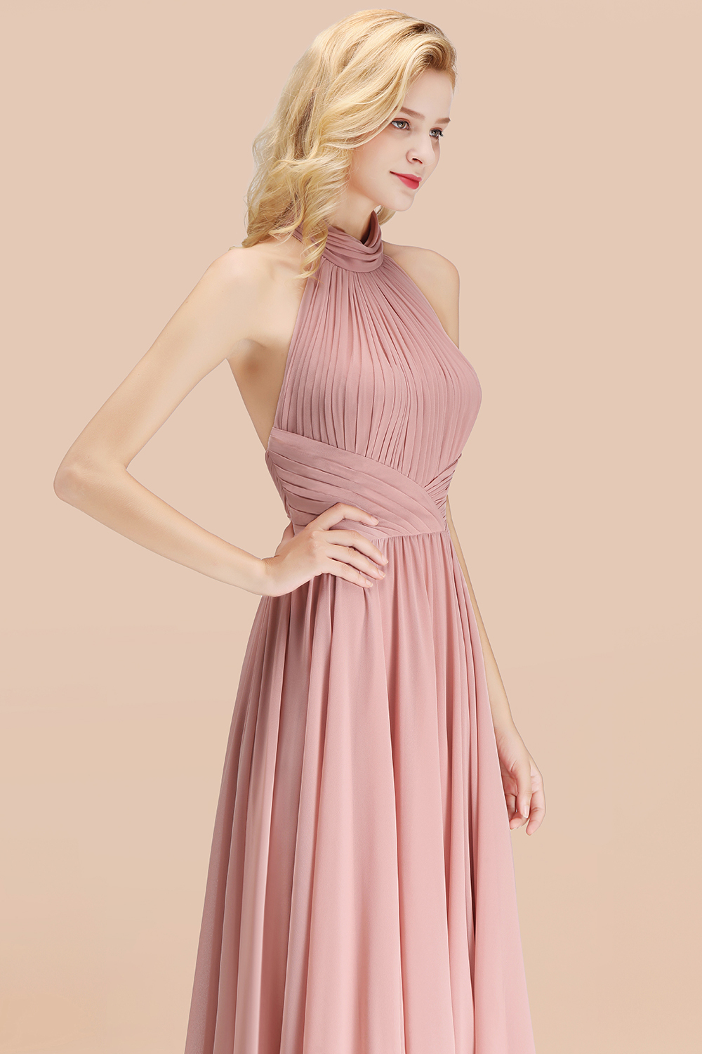 BMbridal Gorgeous High-Neck Halter Backless Bridesmaid Dress Dusty Rose Chiffon Maid of Honor Dress-BMbridal