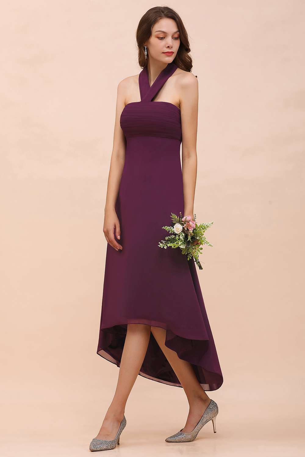 BMbridal Stylish Hi-Lo Halter Grape Chiffon Affordable Bridesmaid Dresses with Ruffle-BMbridal
