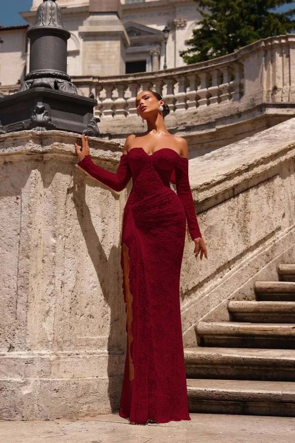 Off the Shoulder Long Sleeves Long Mermaid Prom Dress With Lace Appliques