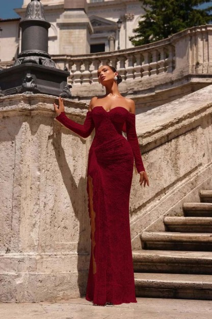 Off the Shoulder Long Sleeves Long Mermaid Prom Dress With Lace Appliques