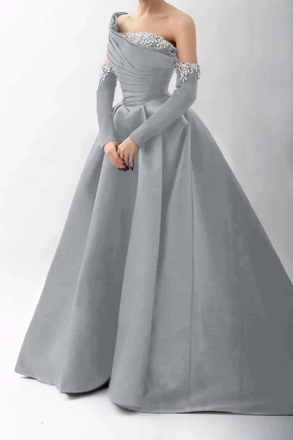 One Shoulder A Line Long Prom Dress With Beading Detachable sleeves