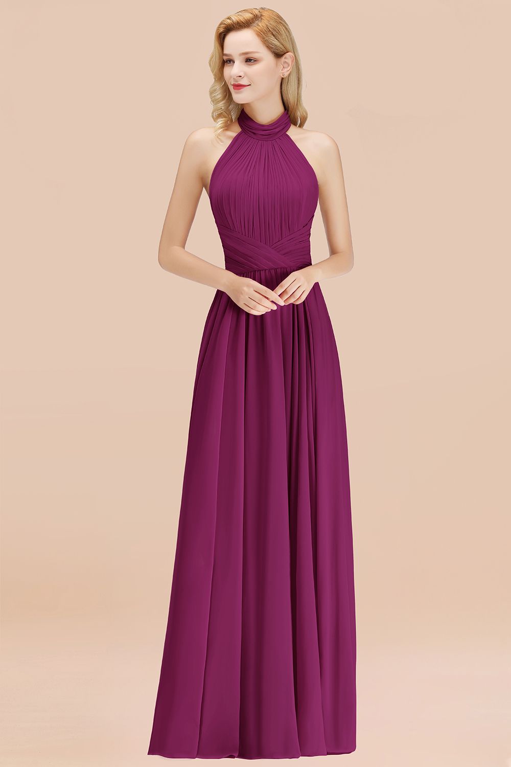 BMbridal Gorgeous High-Neck Halter Backless Bridesmaid Dress Dusty Rose Chiffon Maid of Honor Dress-BMbridal