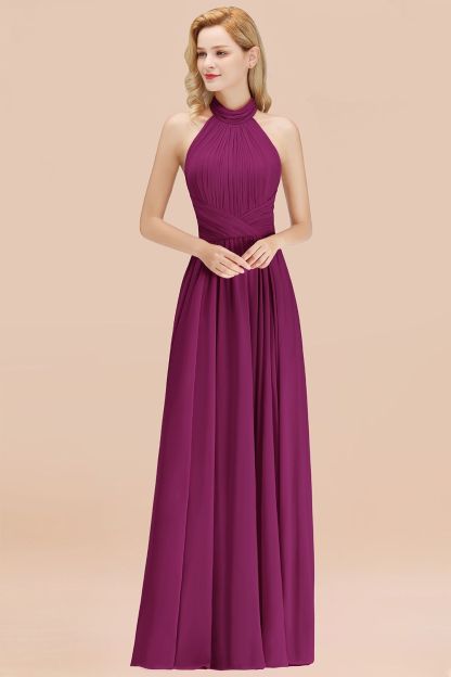 BMbridal Gorgeous High-Neck Halter Backless Bridesmaid Dress Dusty Rose Chiffon Maid of Honor Dress-BMbridal