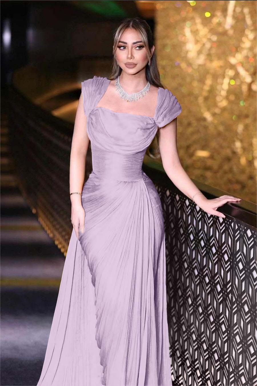 Daffodils Square Neck Sleeveless High Waist Long Pleated Prom Dress With Split