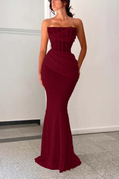 Shining Strapless Sleeveless Mermaid Long Prom Dress With Pleated