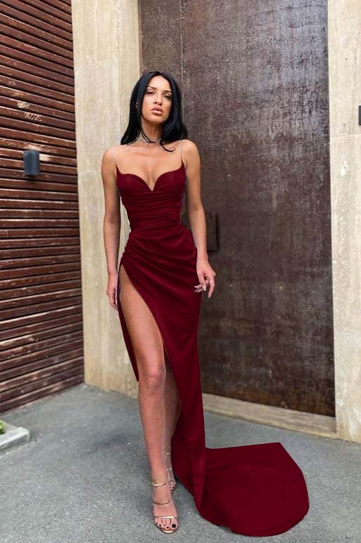 Baby Blue Spaghetti Strap Sleeveless Pleated Prom Dress Mermaid With Split