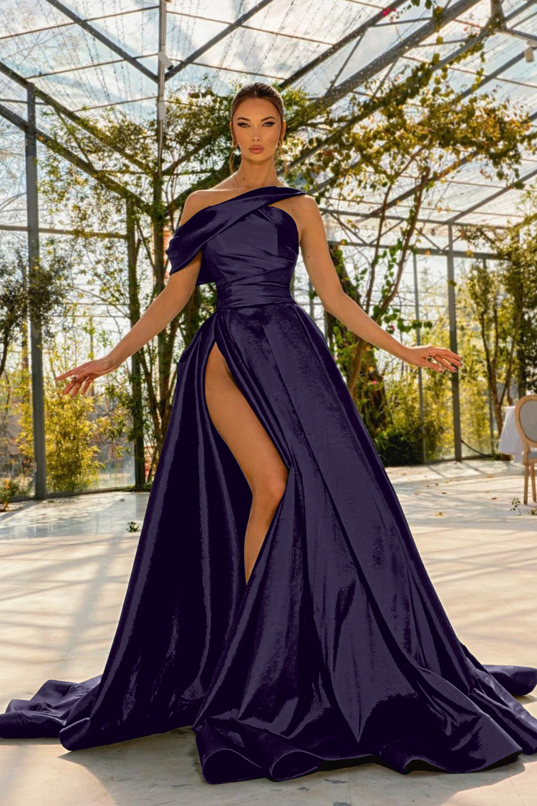 Green Sleeveless Prom Dress One Shoulder Satin With High Split