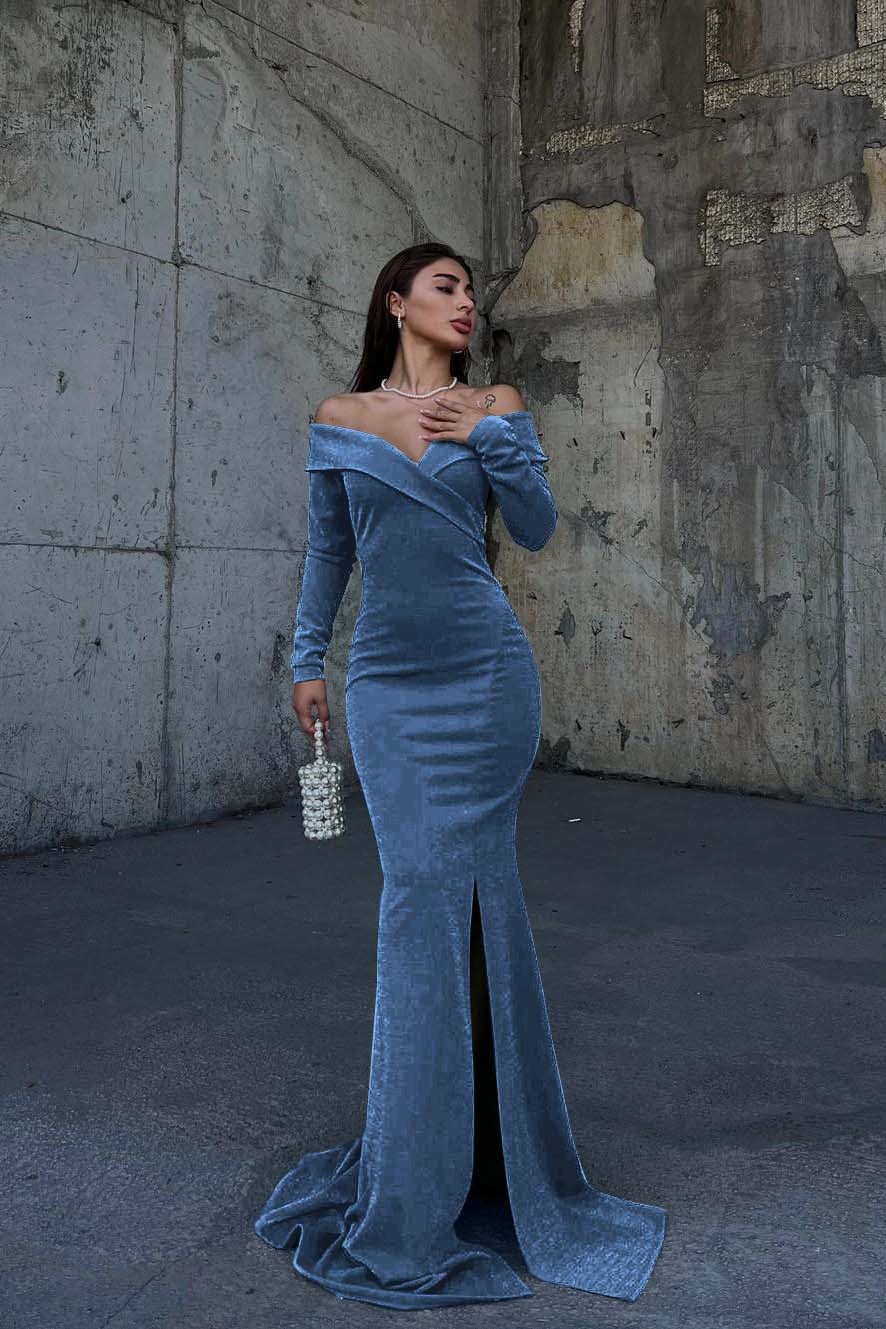 Off the Shoulder Long Sleeves Split Long Prom Dress With Pleated