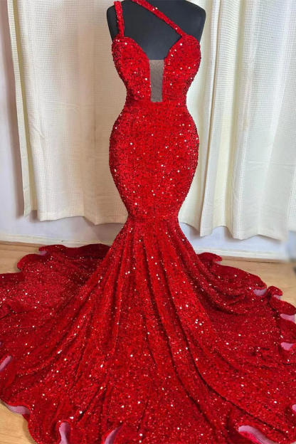 Red Mermaid Sleeveless One Shoulder Prom Dress Sweetheart Elegant Sequins