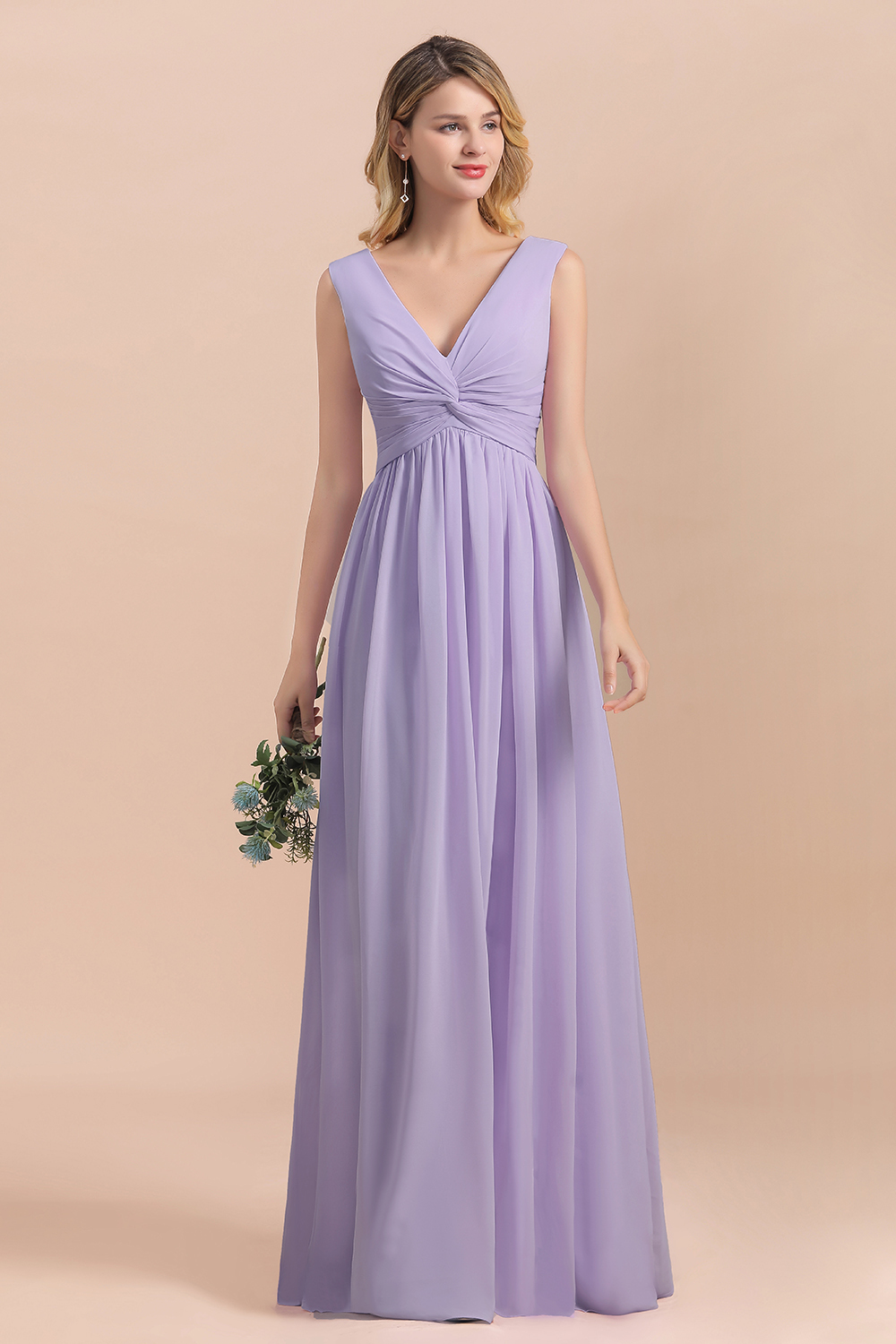 BMbridal Gorgeous V-Neck Ruffle Lilac Chiffon Affordable Bridesmaid Dress with Ruffle-BMbridal