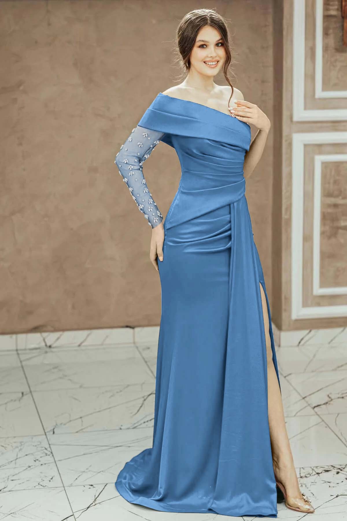 Red Beadings One Shoulder Pleated Prom Dress Split Mermaid With Long Sleeve