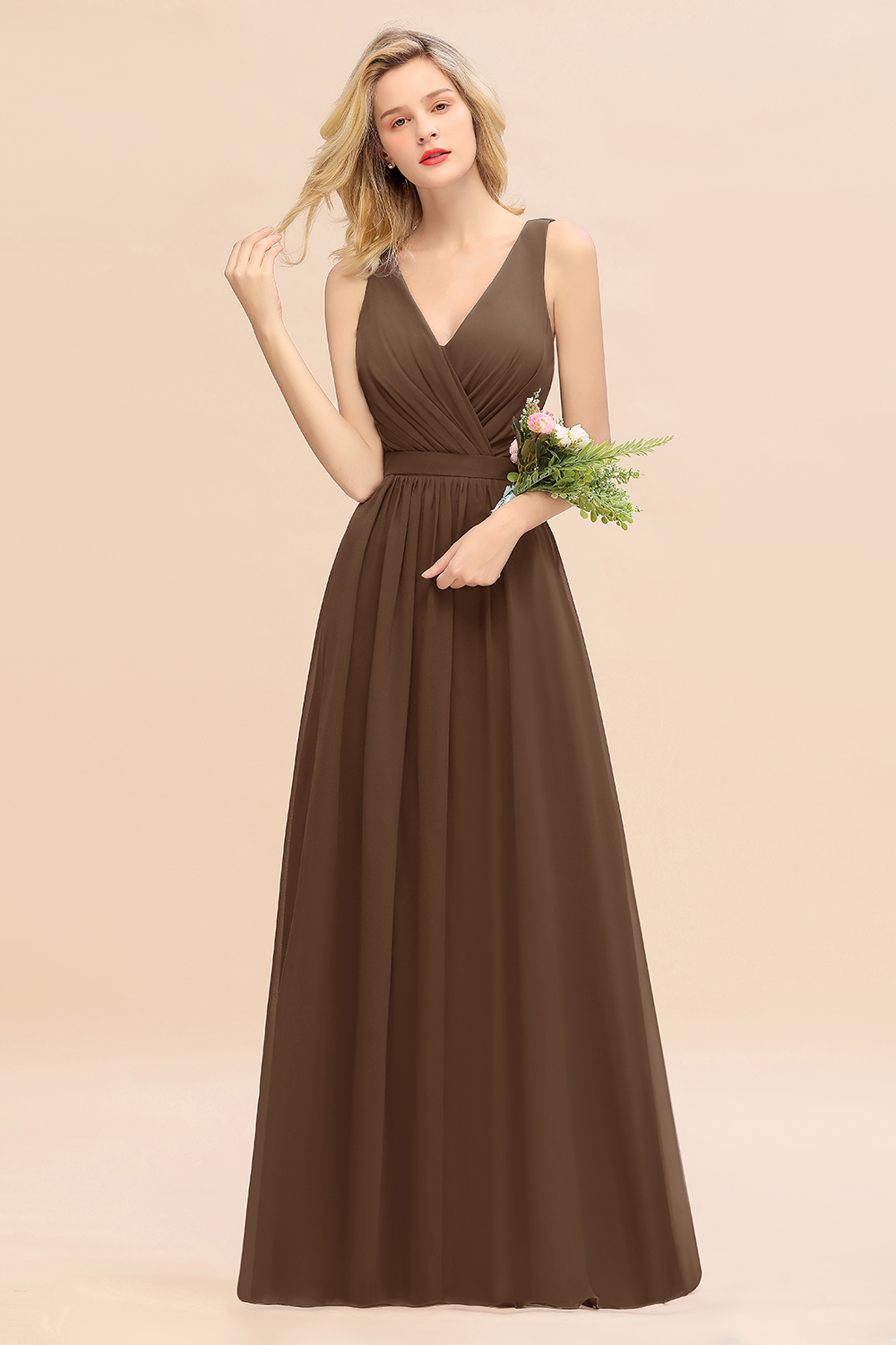 BMbridal Affordable V-Neck Ruffle Long Grape Chiffon Bridesmaid Dress with Bow-BMbridal