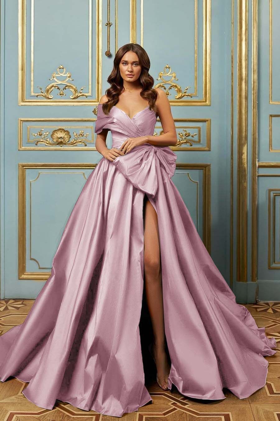 One Shoulder Sleeveless Long Split Prom Dress With Pleated Bowknot