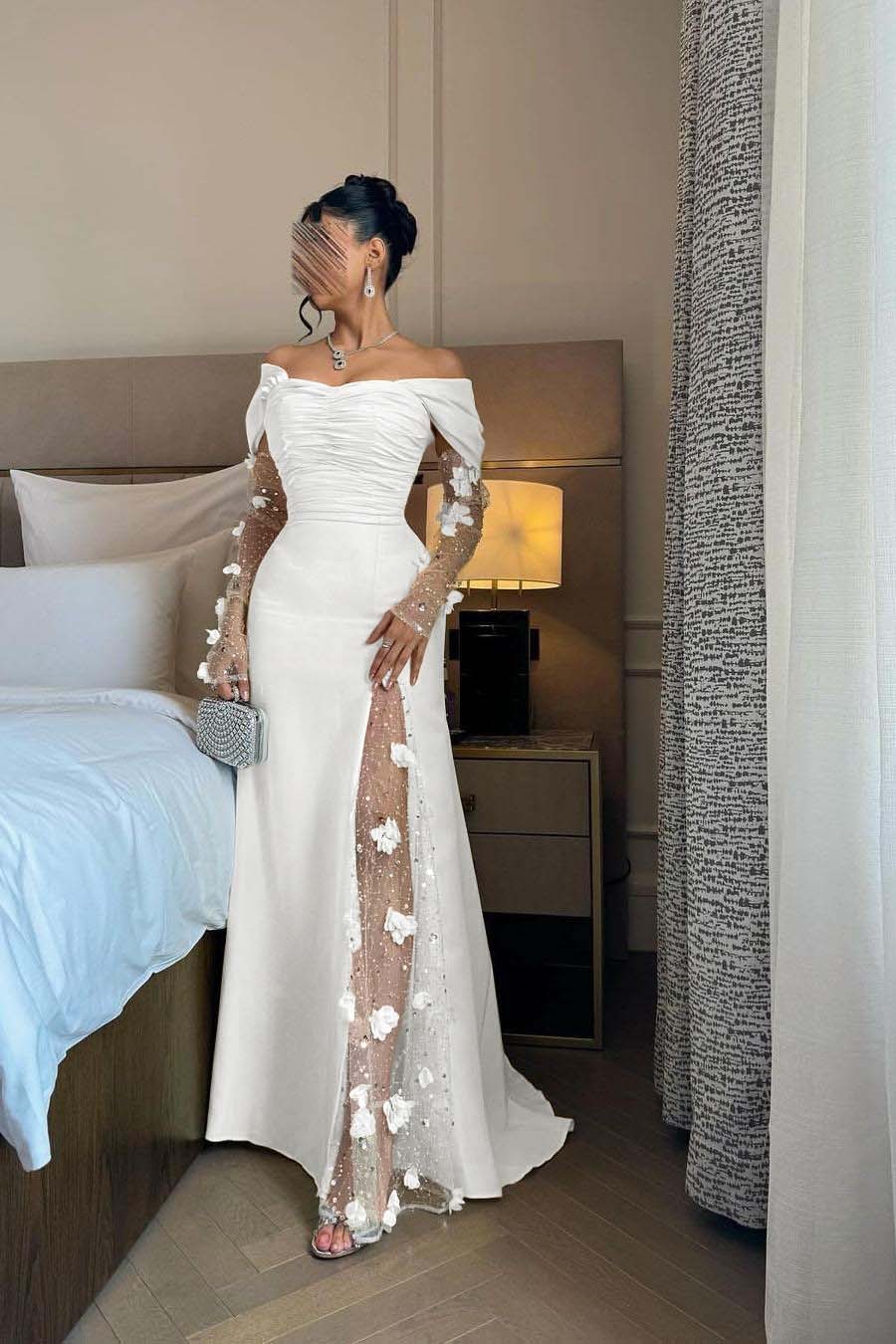 Off the Shoulder Long Sleeves Long Prom Dress With Split Appliques